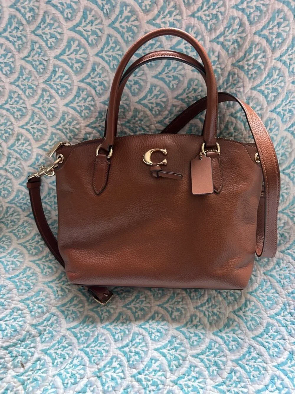 Coach Remi Satchel 1317 Brown Polished Pebble Leather Crossbody Tote Shoulder Ba
